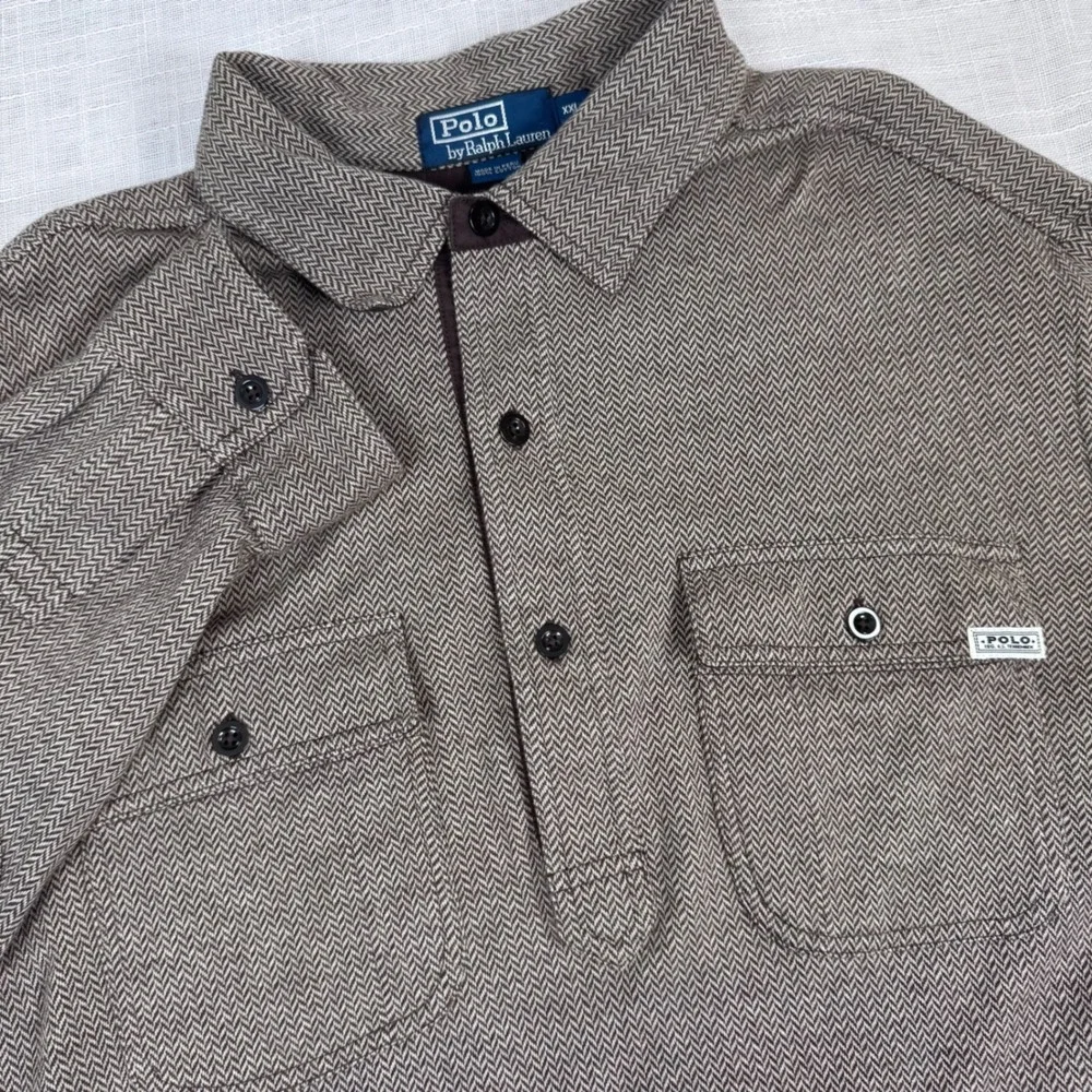 VTG Polo Ralph Lauren Brown Herringbone Polo Shirt Twee XXL Elbow Patch Heritage